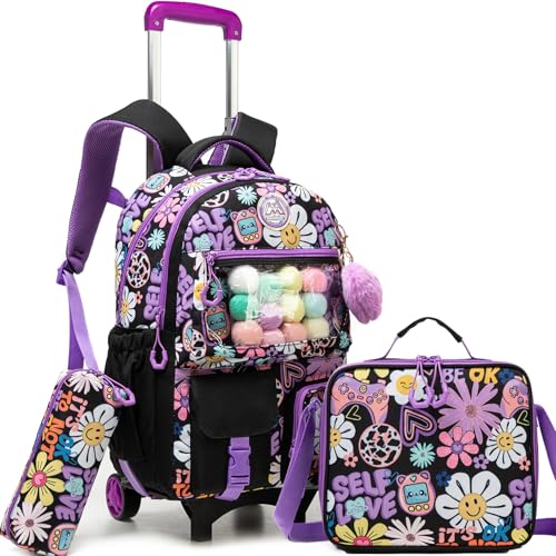 ZBAOGTW Mochila rodante para niñas y niños, mochila con ruedas para primaria con lonchera y equipaje, Flor negra, 17.7 x 12.2 x 7.1 inches