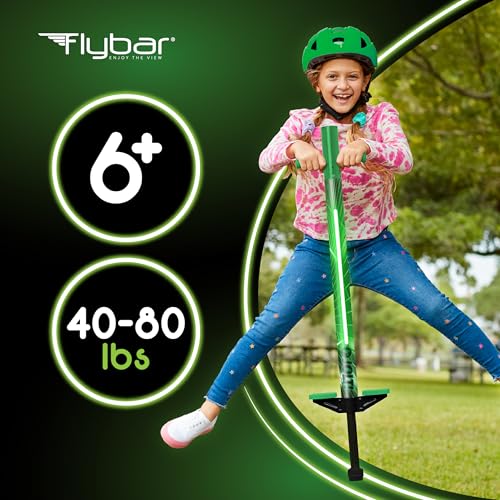 Image of Flybar Jolt Pogo Stick for Kids, Perfect for Beginners w /Foam-Covered Metal Frame, Handles & Padding, Non-Slip Foot Pads, Wide Tip, Outdoor Active Play Toy for Boys & Girls, Ages 6+, Lime Leaper LED
