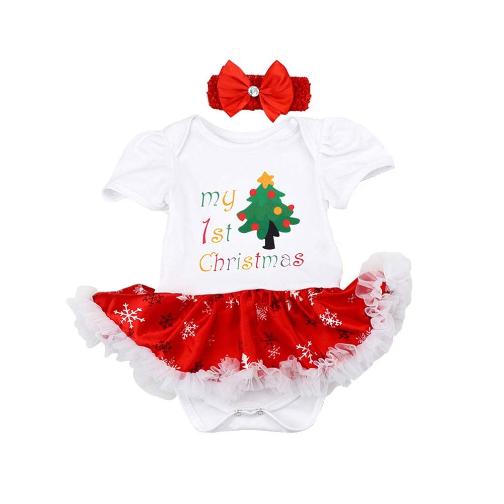IMEKIS Baby Mädchen Mein 1. Vestito di Natale Body Tutu Abito Pagliaccetto Fascia Scarpe Natale Costume Principessa Compleanno Party Outfit Fotoshooting Set Weiß + Baum 6-12 Mesi