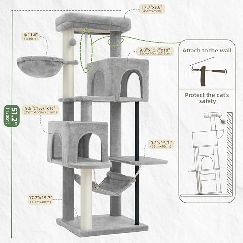 Image of Gitelsnour Cat Tree Tower with Sturdy Steel Tube for Indoor Cats GCT014W | 51.2'' Cat Furniture with Scratching Posts, Hammock, Basket and Padding Top Platform for Inoor Cats Large Adult, Light Gray