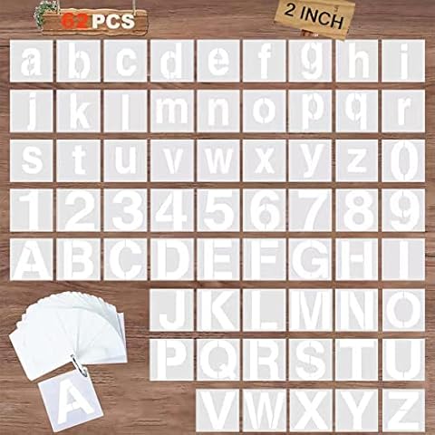 Letter Stencils & Number Stencils, 62 Pcs 2 Inch Large Letter and Number Stencils with a Anti-Loss Ring, Reusable Alphabet Stencils,Clear Letter and Number Craft Templates for Painting on Wood, etc Cover