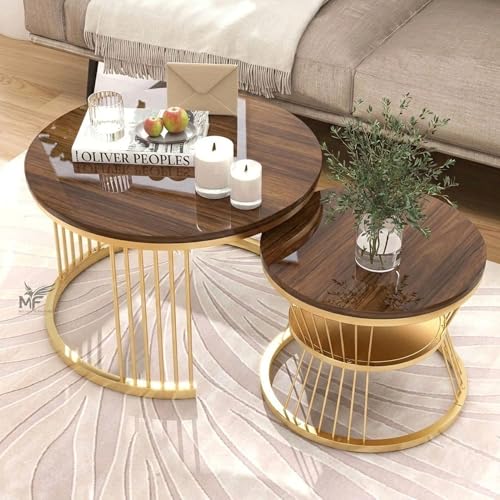 Image of MELVON Lightweight Nesting Coffee Table Set of 2, Golden Frame with Walnut Finish Top, Space Saving Round Center & Side Table for Living Room