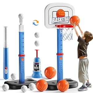 NIPLOOOW 2 in 1 Basketball Hoop and T Ball Set for Kids, Adjustable Toddlers Basketball Hoop, Baseball Tee with Pitching Machine, Outdoor Indoor Sport Toy Gifts for Toddler Boys Girls Ages 3-5, 5-8