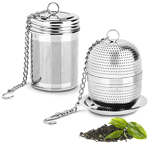 HoloHolo Infusor de té Filtro de té para té suelto (paquete de 2) Acero inoxidable 304 con tapa y bandeja de goteo Infusor de té de malla fina con gancho de cadena