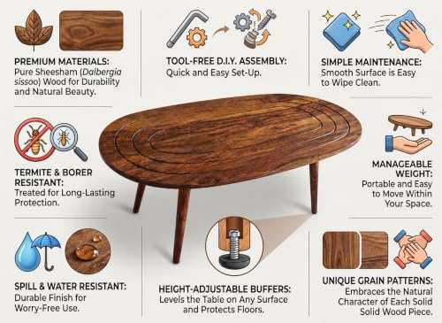 Image of REDWOOD Modern Solid Sheesham Wood Oval Shaped Wooden Table for Living Room | Solid Wood Center Table with Smooth Finish | Mini Coffee Table for Home, Office & Lounge | Walnut Finish (Glossy)