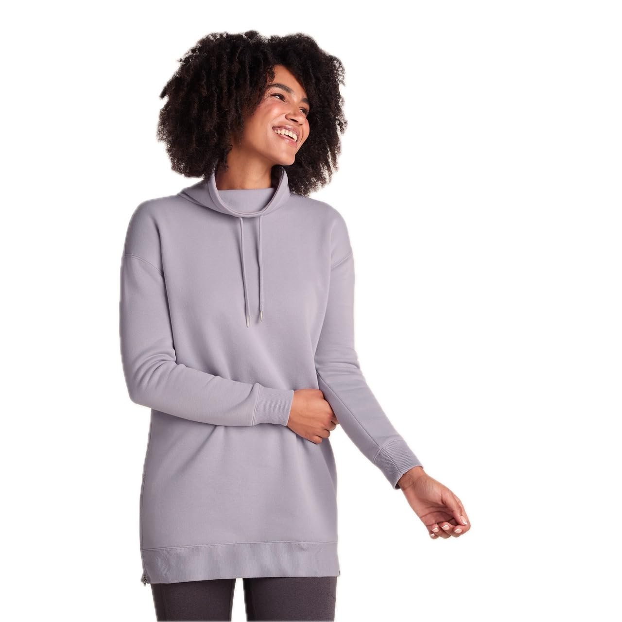 Tog24 Women's Lavender Grey Drakeford Funnel Neck Longline Sweatshirt With Chunky Knitted Drawcords, Zip Detail Side Seams, And Ribbed Cuffs And Hem