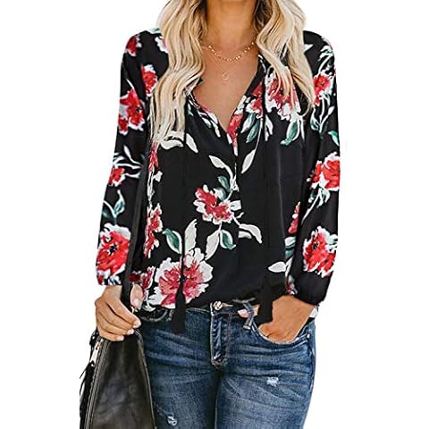 QUEENIE VISCONTI Women Summer Tops Blouses Casual Long Sleeve Floral Print Peasant Blouse Shirts, Black, XXL Cover
