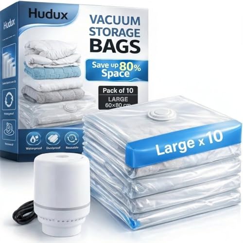 Image of 10 Pack Large (60x80 cm) Vacuum Compression Zipper Storage Bags With Electric Pump,Compression Storage Space Bags For Travel,For Clothes,Bedding,Pillows,Airtight Reusable Vacuum Bags