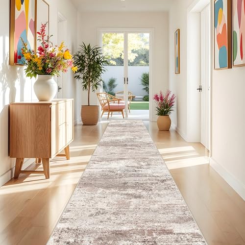 RUUGME Washable Hallway 3x25 Rug - Abstract Runner Rugs for Living Room Non Slip Rubber Backing Indoor Entryway Carpet for Bedroom Kitchen Soft Low Pile Stain Resistant Floor Decor Mat 3x25 Brown