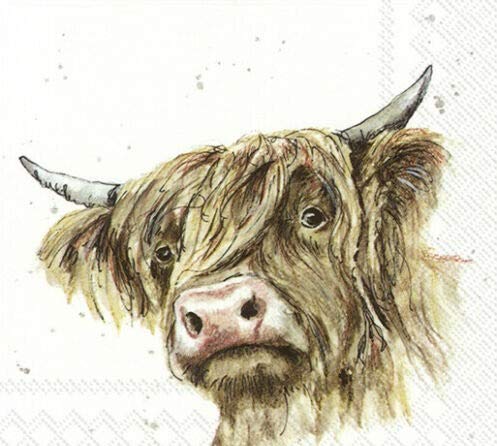 Set of 2 Individual Decoupage Paper Party Napkin YAK BULL BOVINE COW Watercolor Decor Luncheon Napkins for a Birthday holiday, Wedding, Cocktail Party