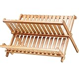 Bamboo Folding Dish Rack Drainer Bowl Plate Cup Drying Rack Holder,Kitchen Utensils Storage Organizer 2-tier Non-assemble 14 slots