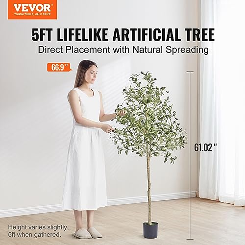 Image of VEVOR Artificial Olive Tree, 5 FT Tall Faux Plant, Secure PE Material & Anti-Tip Tilt Protection Low-Maintenance Plant, Lifelike Green Fake Potted Tree for Home Office Warehouse Decor Indoor Outdoor