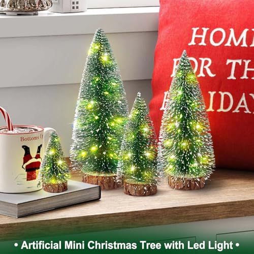 Hatisan 4pcs Mini Christmas Trees with Light, Artificial Christmas Tree Bottle Brush Trees with Wooden Base for Christmas Decor Party Home Table Holiday - Image 5