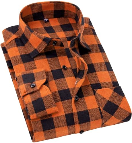 Cromoncent Mens Casual Plaid Flannel Long Sleeve Button Down Shirts Orange Small