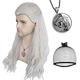 Anogol Hair Cap+( 1 Necklace ) Silver White Wig Cosplay for Men Long Silver White Wavy Wigs with Necklace Costume Wig for Halloween