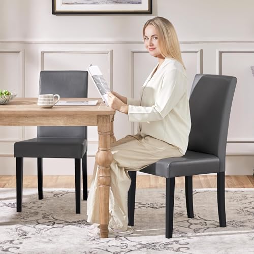Image of Yaheetech Dining Chairs Set of 2 Faux Leather Modern Dining Room Chairs with Rubberwood Legs and Padded Seat for Kitchen /Living Room /Restaurant, Dark Gray