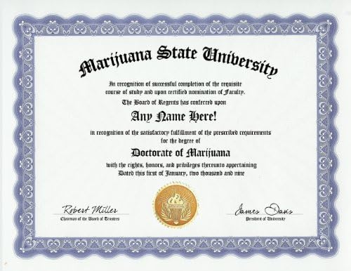 Fumar de marihuana Pot Fumador Grado personalizado Gag Diploma Certificado de doctorado (divertido broma regalo personalizadosNovedad)