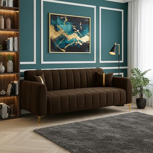 Image of Furny Harmon 3 Seater Fabric Sofa Set (Dark Brown) | Soft Velvet Fabric | Modern Design | Comfortable Seating | Living Room Furniture