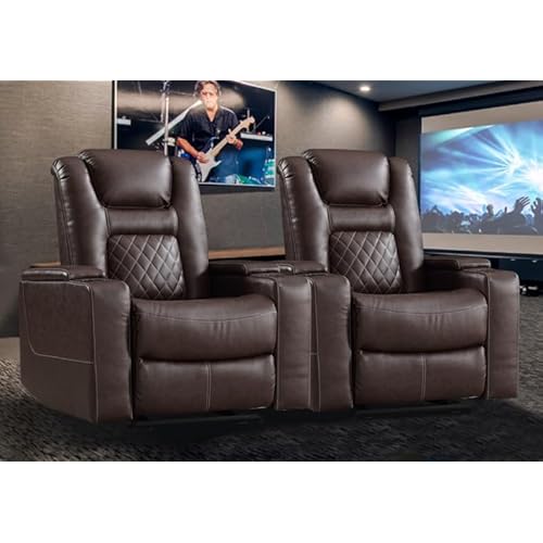 CANMOV Electric Power Recliner Chair Set of 2, Breathable Leather Home Theater Seating with Hidden Arm Storage, Power Recliner Chair for Living Room with USB Ports and Cup Holders,Red Brown