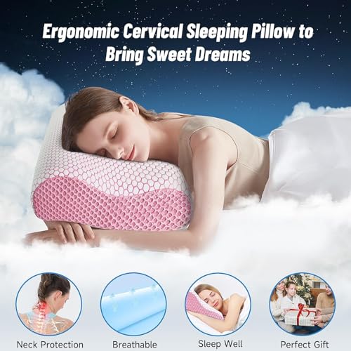 CloudBliss Memory Foam Pillow, Ergonomic Neck Contour Cervical Pillow for Back and Shoulder Pain, Orthopedic Pillow for Neck Pain Relief, for Sleeping Side, Back, Stomach Sleepers - Pink, Queen