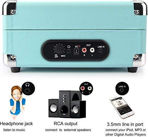 1 by One Tocadiscos Vintage Bluetooth con Placa Giratoria de 3 Velocidades y Altavoces incorporados, Salida RCA, Auriculares, MP3, reproducción de música de móviles, Turquesa