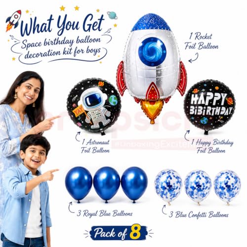 Image of Propsicle Happy Birthday Party Helium Foil Balloon Birthday Decoration (Astronaut (Blue & White), Pack of 9)