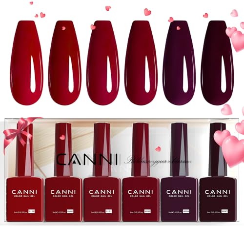 CANNI 6 Colors 9 ML Hema-Free Dark Red Gel Polish Set Deep Cherry Red Burgundy Gel Nail Polish Blood Wine Red Color Kit Soak Off LED Nail Gel Manicure Kit DIY at Home Salon Gifts