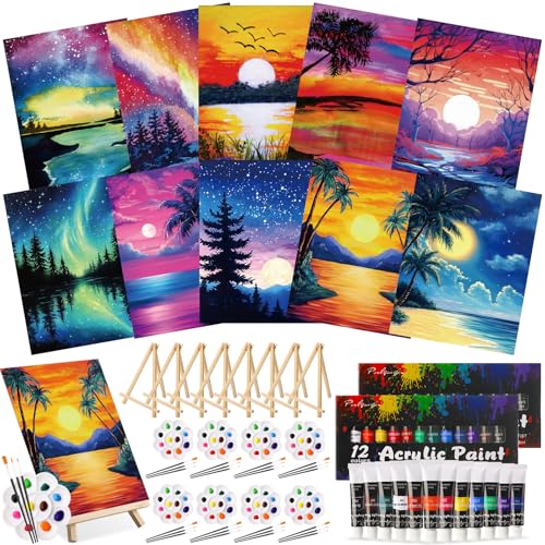 Ctosree 72 Pcs Vivid Sunset Paint and Sip Kit for Adults 8 x 10 Pre Drawn Canvas for Painting DIY Pre Printed Canvas for Party Favor Acrylic Painting Kit Wood Easel Brushes Date Night Bulk