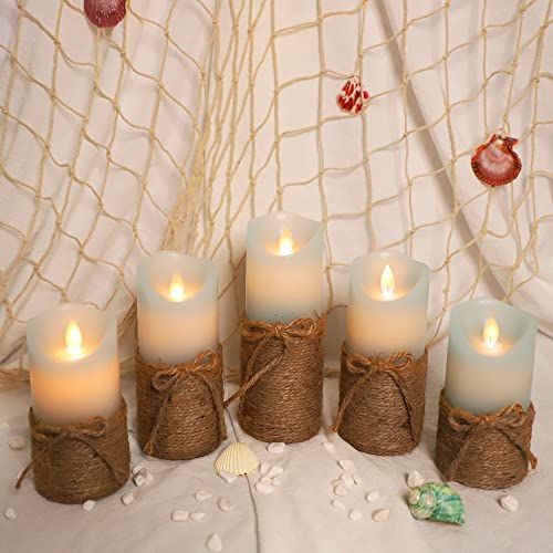 Image of Flickering Flameless Candles, Battery Candles with Remote & Timer, Blue Led Pillar Candles for Ocean Decor, Beach Decorations, Party - Set of 5