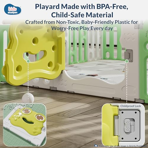 Image of Kids Station Frog Design Baby Play Yard 150 x 180 with Playmat & 20 Colourful Balls, Secure Playpen for Infants & Toddlers, Breathable Mesh, Anti-Fall, Home Use (Green)