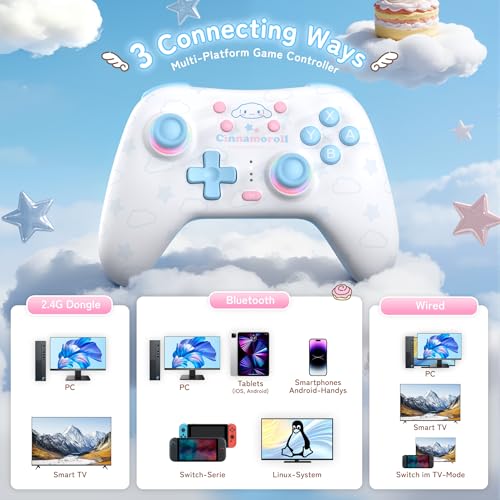 Image of Kuitmor Cinnamoroll Switch Pro Controller, Cute Hall Effect Wireless Gamepad No Drift for Switch 2 /Switch /OLED /Lite, PC /Steam, Android, iOS, Bluetooth + Wired, Turbo, Back Buttons, 6-Aixs Gyro, Wake-up, RGB (Blue, Without 2.4g Receiver)