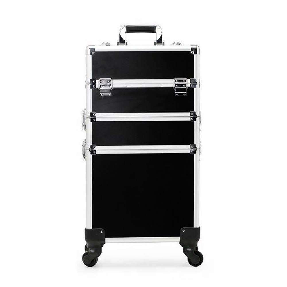 JJONE Professional Makeup Case, Large Makeup Train Case, Portable Rolling Makeup Trolley Case, Artists Lockable Jewelry Travel Cosmetic Train Case w/ 4 Wheels (Black-3Layer)