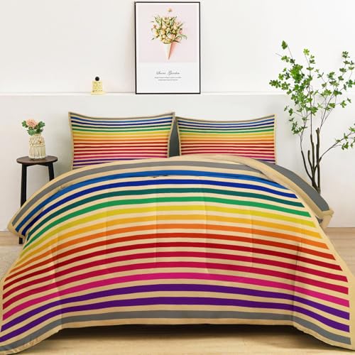 Edredon Nordico 220 x 240 cm con 2 Fundas de Almohada 50 x 75 cm, Edredón Reversible Suave de 4 Estaciones Geométrico Rayas Minimalista Moderno - Juego de Cama Estampado Arcoíris