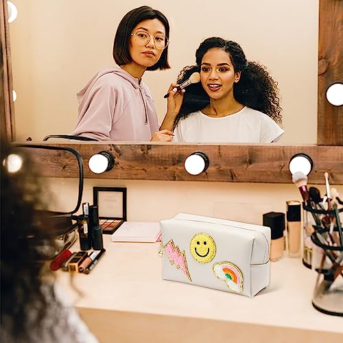 Lietoi Preppy Patch Cosmetic Toiletry Bag, Pu Leather Portable Waterproof Makeup Bag Smile Lightning Rainbow Organizer Compliant Bag Daily Travel Use Storage Purse For Women Girls (Large, Shell White) #TOP5