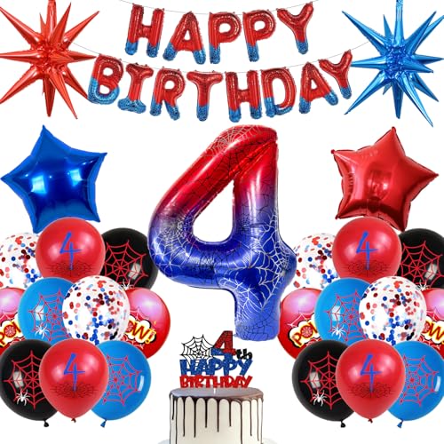 Decoração de aniversário balões Spider 4 anos, balão de alumínio gigante número teia de aranha, festa decoração aniversário menino balões banner balão de látex bolo (conjunto aniversário menino 4 anos