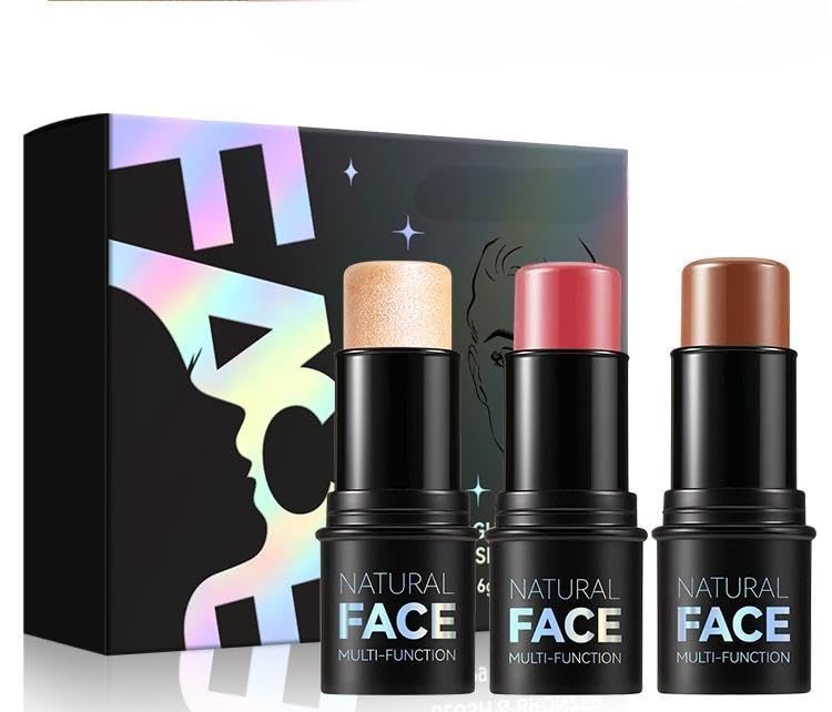 Contour Highlighter Stick 4-in-1 Makeup Set - Face Sculpting, Blush & Under-Eye Brightener, Creamy Blendable Formula - 3 Pack (6g Each / 0.21oz Each) (C)