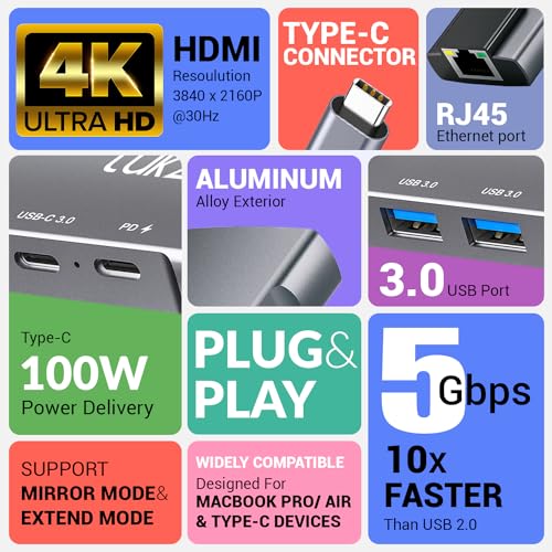 Image of Tukzer 6-in-1 Type-C Hub to HDMI 4K@30Hz, 2 USB 3.0 Data, USB-C 3.0 Data, 100W PD with 1000M Ethernet RJ45, MultiPort Adapter Compatible with MacBook Pro Air iPad, Dell, Other Type-C Device