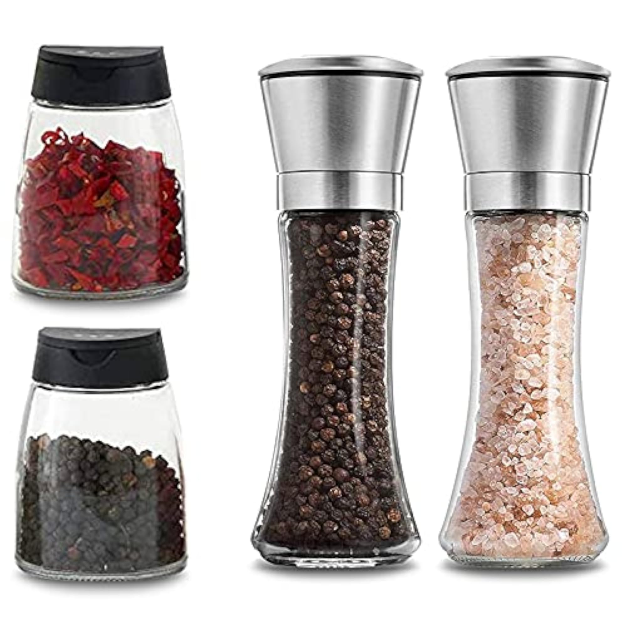 Salt and Pepper Grinder Set Combo with Two Free Spice Jars