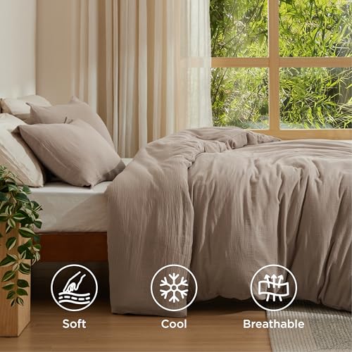 Image of Bedsure Cooling Muslin Cotton Duvet Cover King Size - Cotton Blend Rayon Derived from Bamboo Duvet Covet Set for Hot Sleepers - Ultra-Soft & Breathable & Lightweight Bedding Set (Khaki, 104 inchx90 inch)