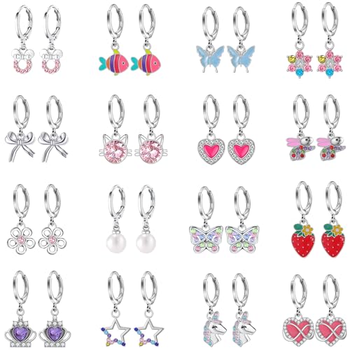 16 Pairs Hypoallergenic Earrings for Little Girls Kids Teens Sensitive Ears Silver Huggie Hoop Earrings with Charm CZ Heart Flower Butterfly Animal Cute Small Dangle Hoop Earrings Set