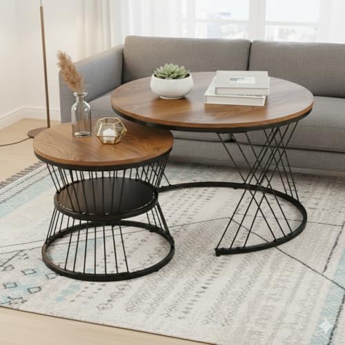 Image of The Round Coffee Table and The Stacking Tea Table with a Gold Metal Frame are Two Versatile Modern Center Tables That Look Great in Living Rooms (X Black Brown)