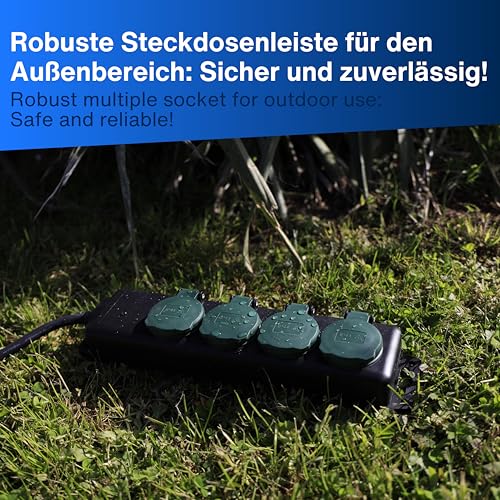 REV Steckdosenleiste - Mehrfachsteckdose 4-Fach IP44, ideal für Garten & Terrasse, Kabel 1,4m, max. 3500W, schwarz-grün
