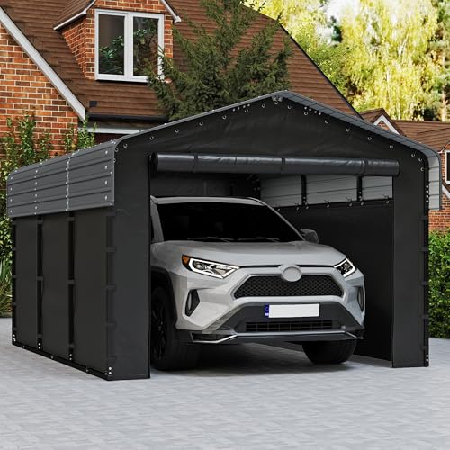 Image of Real Relax 10x15ft Heavy Duty Metal Carport with Galvanized Steel Roof, Removable Sidewalls, Outdoor Car Port Shelter for Cars, Trucks and Boats, Gray