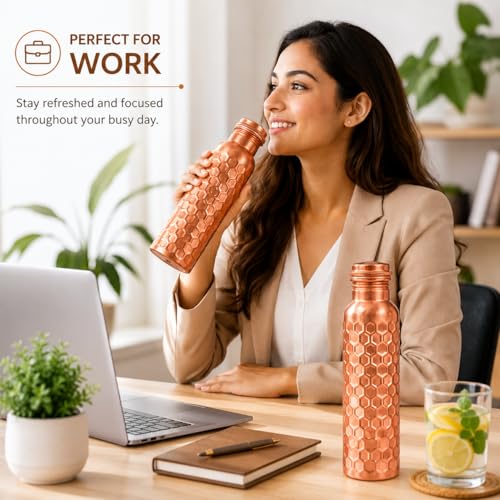 Image of 100% Pure Copper Water bottle 32 Oz with Cleaning brush, Diamond Design