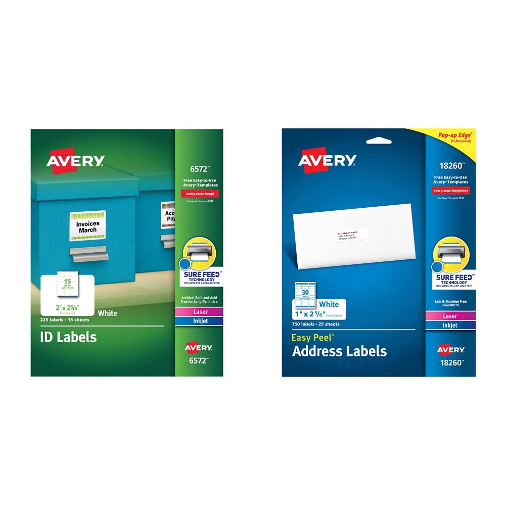 Avery ID Labels, Sure Feed Technology, Permanent Adhesive, 2" x 2-5/8", 225 Labels (6572) & Easy Peel Printable Address Labels with Sure Feed, 1" x 2-5/8", White, 750 Blank Mailing Labels (18260)