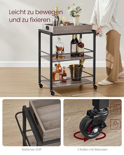 VASAGLE Servierwagen, Küchenwagen, abnehmbares Tablett, mit verstellbaren Füßen und Rollen, Küchenregal, Stahlrahmen, 40 x 72 x 86 cm, Industrie-Design, Greige-schwarz LRC072B02