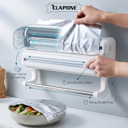 Image of CLAPONE Wrap Organizer with Cutter Plastic Wrap Dispenser 3 in 1 Compatible with Cling Film Paper Towel Holder /Tin Foil and Roti Paper Cutter /Aluminum Foil /Butter /Roti Wrap /Food Roll-White
