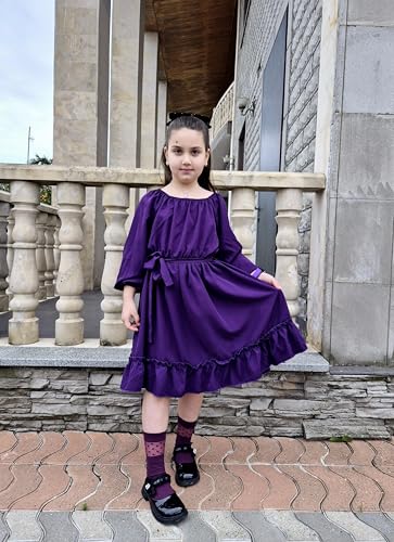 Arshiner Girls Long Sleeve Dresses Fall Party Formal Holiday Swing Flowy Ruffle Midi Dress2