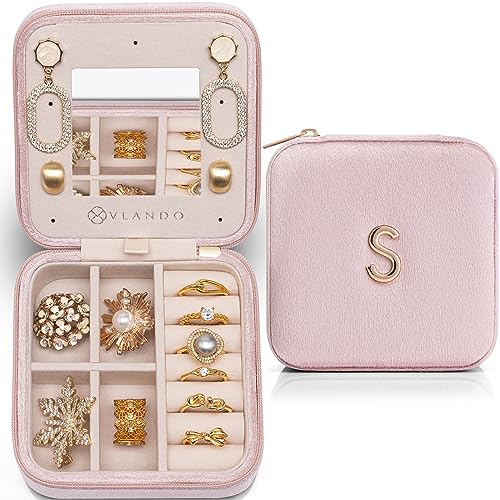 Vlando Plush Velvet Travel Jewelry Case, Personalized Initial Jewelry Boxes for Women Girls, Mini Jewelry Travel Organizer Travel Essentials for Birthday Gifts for Friend Teen Girls - Letter S, Pink