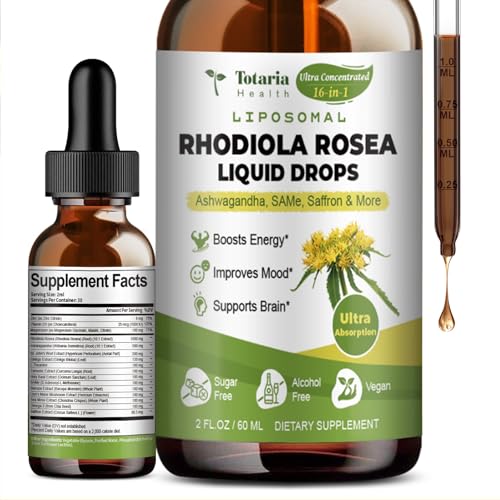 Totaria 16-in-1 Liposomal Rhodiola Rosea Supplement Tincture 1000mg Ultra Strength Rhodiola 10:1 Root Extract w/Ashwagandha Rhodiola Liquid Drops for Natural Relaxation Mood Energy Alcohol-Free